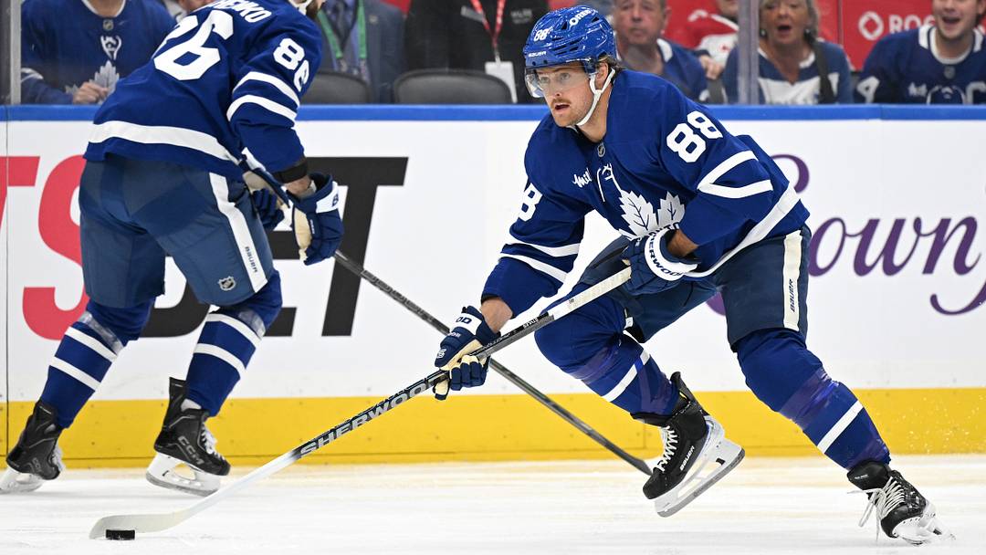 Sep 29, 2026; Toronto, Ontario, CAN;  Toronto Maple Leafs forward William Nylander (88) skates with the puck against the Montreal Canadiens in the first period at Scotiabank Arena.  Mandatory Credit: Dan Hamilton-Imagn Images