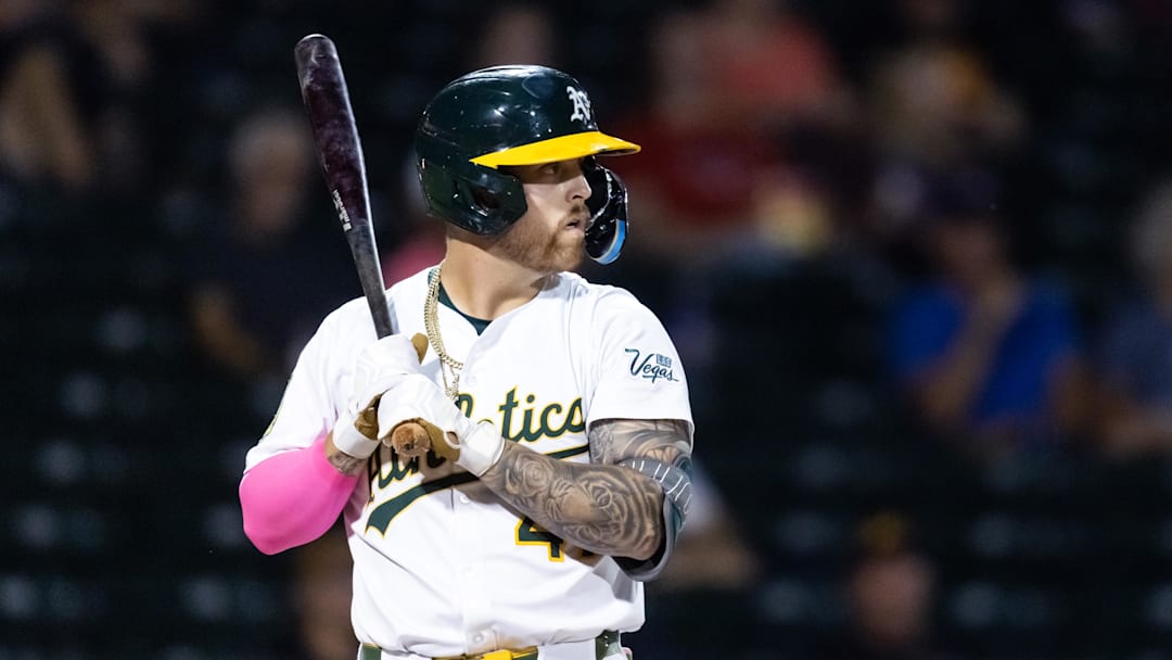 Nov 9, 2025; Mesa, AZ, USA; Oakland Athletics infielder Tommy White during the Arizona Fall League Fall Stars Game at Sloan Park. Mandatory Credit: Mark J. Rebilas-Imagn Images