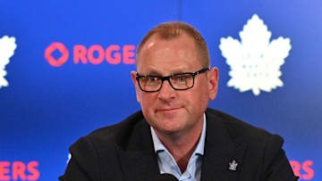 Jun 1, 2023; Toronto, Ontario, CANADA; Toronto Maple Leafs new general manager Brad Treliving is introduced at a press conference at Scotiabank Arena. Mandatory Credit: Dan Hamilton-Imagn Images