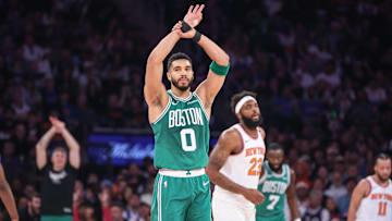 Boston Celtics forward Jayson Tatum celebrates after scoring in the 2025 NBA Playoffs against the New York Knicks.