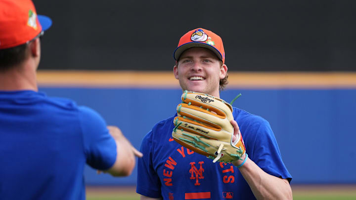 Feb 12, 2026; Port St. Lucie, FL, USA;  New York Mets outfielder Carson Benge (93) warms-up during spring training. Mandatory Credit: Jim Rassol-Imagn Images
