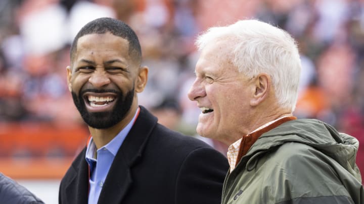 Nov 27, 2022; Cleveland, Ohio, USA; Cleveland Browns managing and principal partner Jimmy Haslam (right) laughs with executive vice president of football operations Andrew Berry before the game against the Tampa Bay Buccaneers at FirstEnergy Stadium. Mandatory Credit: Scott Galvin-USA TODAY Sports