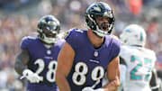 Sep 18, 2022; Baltimore, Maryland, USA; Baltimore Ravens tight end Mark Andrews (89) reacts during the game against the Miami Dolphins  at M&T Bank Stadium. Mandatory Credit: Tommy Gilligan-Imagn Images