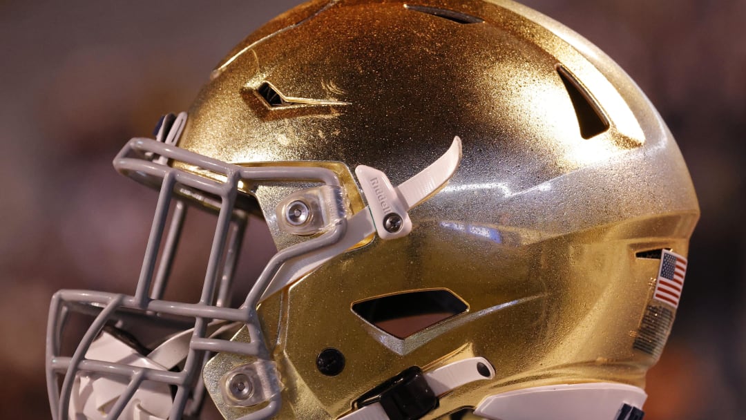 Nov 13, 2021; Charlottesville, Virginia, USA; A view of a Notre Dame Fighting Irish player's helmet on the sidelines against the Virginia Cavaliers at Scott Stadium. Mandatory Credit: Geoff Burke-USA TODAY Sports