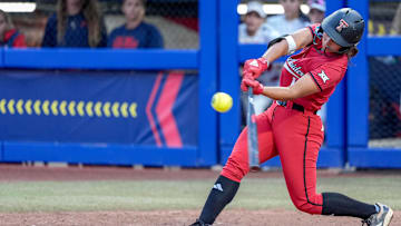 Texas Tech infielder Lauren Allred (11) gets a base hit in the fourth inning during game 3 between Texas Tech and Ole Miss at the Women’s College World Series at Devon Park in Oklahoma City, on Thursday, May 29, 2025.