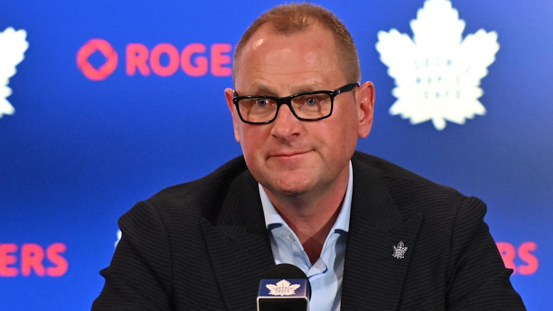 Jun 1, 2023; Toronto, Ontario, CANADA; Toronto Maple Leafs new general manager Brad Treliving is introduced at a press conference at Scotiabank Arena. Mandatory Credit: Dan Hamilton-Imagn Images