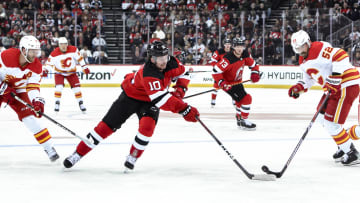 Feb 8, 2024; Newark, New Jersey, USA; New Jersey Devils right wing Alexander Holtz (10) moves the