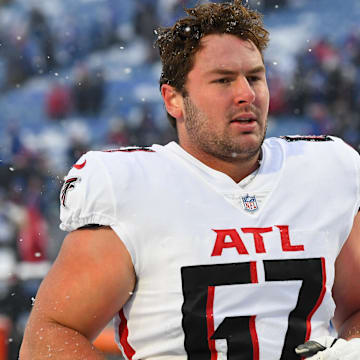 Jan 2, 2022; Orchard Park, New York, USA; Atlanta Falcons center Drew Dalman (67) following the game against the Buffalo Bills at Highmark Stadium. Mandatory Credit: Rich Barnes-Imagn Images