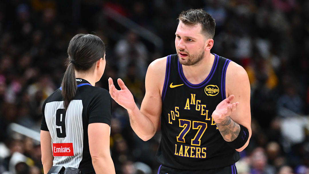 Jan 30, 2026; Washington, District of Columbia, USA; Los Angeles Lakers forward/guard Luka Doncic (77) talks with referee Natalie Sago (9) during the second half at Capital One Arena. Mandatory Credit: Brad Mills-Imagn Images Jan 30, 2026; Washington, District of Columbia, USA; Los Angeles Lakers forward/guard Luka Doncic (77) talks with referee Natalie Sago (9) during the second half at Capital One Arena. Mandatory Credit: Brad Mills-Imagn Images