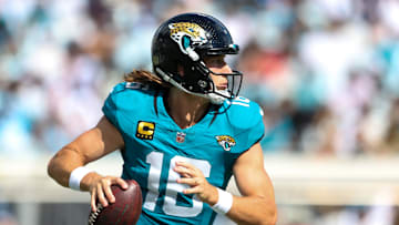 Sep 7, 2025; Jacksonville, Florida, USA; Jacksonville Jaguars quarterback Trevor Lawrence (16) looks downfield against the Carolina Panthers during the second half at EverBank Stadium. 