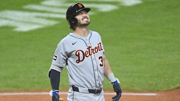 Sep 24, 2025; Cleveland, Ohio, USA; Detroit Tigers third baseman Zach McKinstry (39) reacts after he was hit by a pitch in the sixth inning against the Cleveland Guardians at Progressive Field. Mandatory Credit: David Richard-Imagn Images
