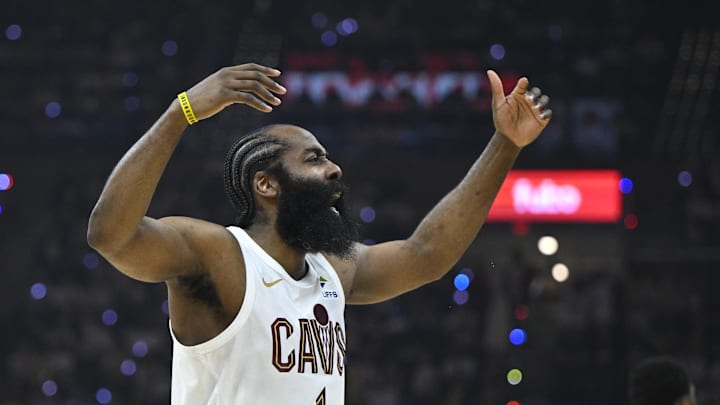 Apr 29, 2026; Cleveland, Ohio, USA; Cleveland Cavaliers guard James Harden (1) celebrates against the Toronto Raptors in the third quarter of game five of the first round of the 2026 NBA Playoffs at Rocket Arena. Mandatory Credit: David Richard-Imagn Images