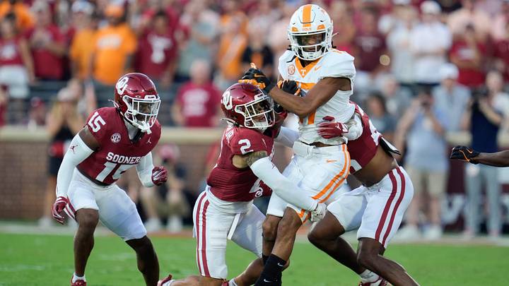 Oklahoma Sooners defensive back Billy Bowman Jr. (2) brings down Tennessee Volunteers wide receiver Chris Brazzell II (17) during a college football game between the University of Oklahoma Sooners (OU) and the Tennessee Volunteers at Gaylord Family - Oklahoma Memorial Stadium in Norman, Okla., Saturday, Sept. 21, 2024.