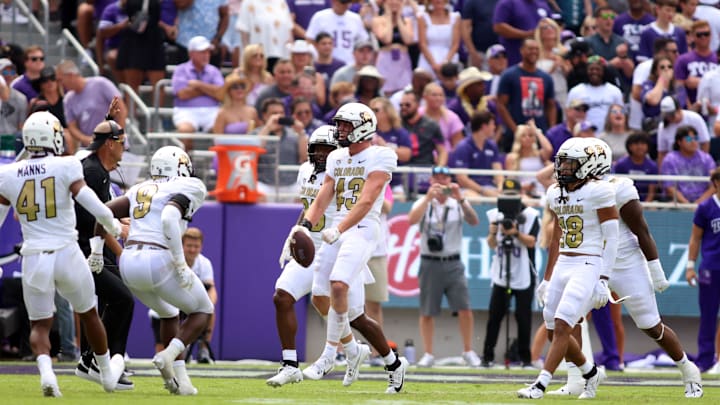 Sep 2, 2023; Fort Worth, Texas, USA; Colorado Buffaloes safety Trevor Woods (43) reacts after intercepting a pass in the first quarter against the TCU Horned Frogs at Amon G. Carter Stadium. Mandatory Credit: Tim Heitman-Imagn Images Sep 2, 2023; Fort Worth, Texas, USA; Colorado Buffaloes safety Trevor Woods (43) reacts after intercepting a pass in the first quarter against the TCU Horned Frogs at Amon G. Carter Stadium. Mandatory Credit: Tim Heitman-Imagn Images