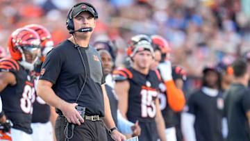 Cincinnati Bengals head coach Zac Taylor watches a replay in the second quarter of the NFL Week 5 game between the Cincinnati Bengals and the Detroit Lions at Paycor Stadium in downtown Cincinnati on Sunday, Oct. 5, 2025.