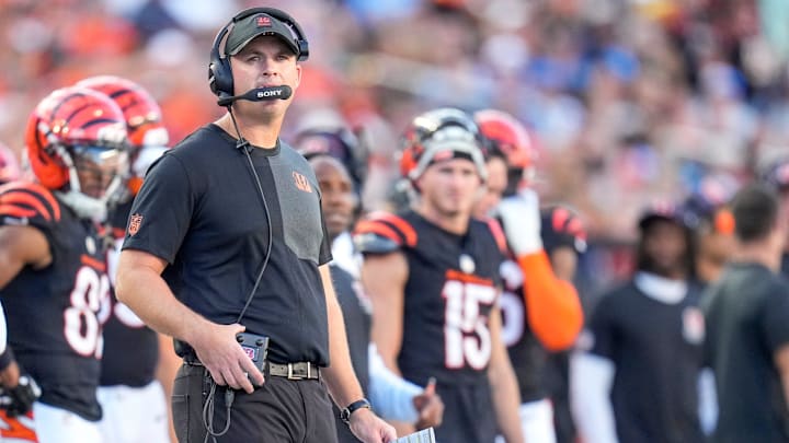 Cincinnati Bengals head coach Zac Taylor watches a replay in the second quarter of the NFL Week 5 game between the Cincinnati Bengals and the Detroit Lions at Paycor Stadium in downtown Cincinnati on Sunday, Oct. 5, 2025.