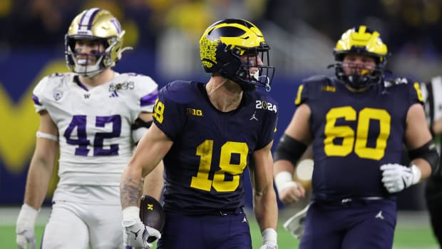 Jan 8, 2024; Houston, TX, USA; Michigan Wolverines tight end Colston Loveland (18) celebrates after making a catch against the Washington Huskies during the fourth quarter in the 2024 College Football Playoff national championship game at NRG Stadium. Mandatory Credit: Thomas Shea-USA TODAY Sports