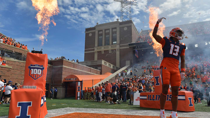 Sep 14, 2024; Champaign, Illinois, USA;  Illinois Fighting Illini wide receiver Pat Bryant (13) takes the field before a game against the Central Michigan Chippewas at Memorial Stadium. Mandatory Credit: Ron Johnson-Imagn Images