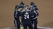 May 8, 2025; Athens, GA, USA; South Carolina teammates meet on the mound during a game against Texas A&M at Jack Turner Stadium. Mandatory Credit: Mady Mertens-Imagn Images