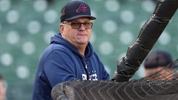Aug 25, 2023; San Francisco, California, USA; Atlanta Braves hitting coach Kevin Seitzer (34) before the game against the San Francisco Giants at Oracle Park. Mandatory Credit: Darren Yamashita-Imagn Images