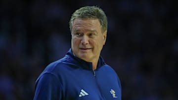 Feb 8, 2025; Manhattan, Kansas, USA; Kansas Jayhawks head coach Bill Self looks at his bench during the first half against the Kansas State Wildcats at Bramlage Coliseum. Mandatory Credit: Scott Sewell-Imagn Images