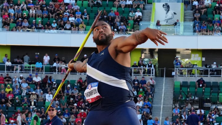Curtis Thompson wins the javelin at 272-5 (83.04m) during the US Olympic Team Trials at Hayward Field.