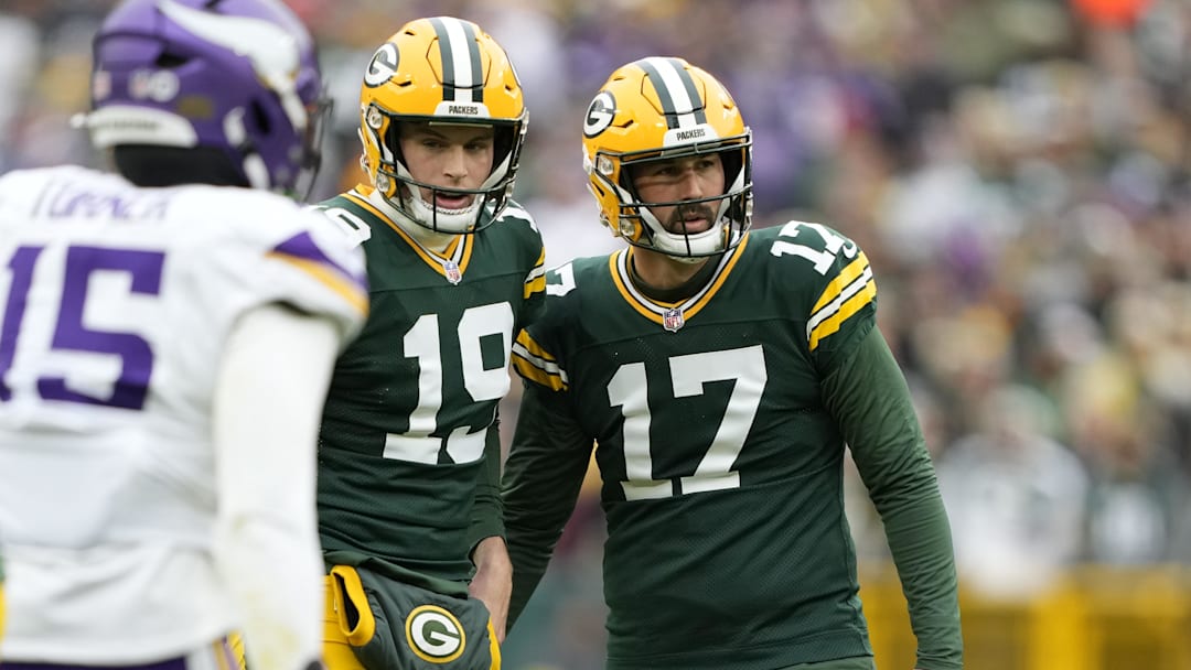 Nov 23, 2025; Green Bay, Wisconsin, USA; Green Bay Packers place kicker Brandon McManus (17) reacts with punter Daniel Whelan (19) after a field goal against the Minnesota Vikings during the first half at Lambeau Field. Mandatory Credit: Kayla Wolf-Imagn Images Nov 23, 2025; Green Bay, Wisconsin, USA; Green Bay Packers place kicker Brandon McManus (17) reacts with punter Daniel Whelan (19) after a field goal against the Minnesota Vikings during the first half at Lambeau Field. Mandatory Credit: Kayla Wolf-Imagn Images