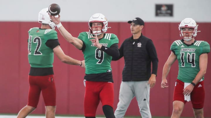 Louisville graduate transfer quarterback Tyler Shough makes a pass during practice on April 12, 2024 before the Red-White scrimmage game.