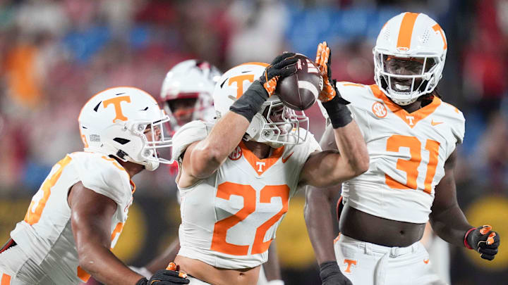 Tennessee linebacker Jeremiah Telander (22) celebrates a fumble recovery at the NCAA College football game between Tennessee and NC State on Saturday, Sept. 7, 2024 in Charlotte, NC.