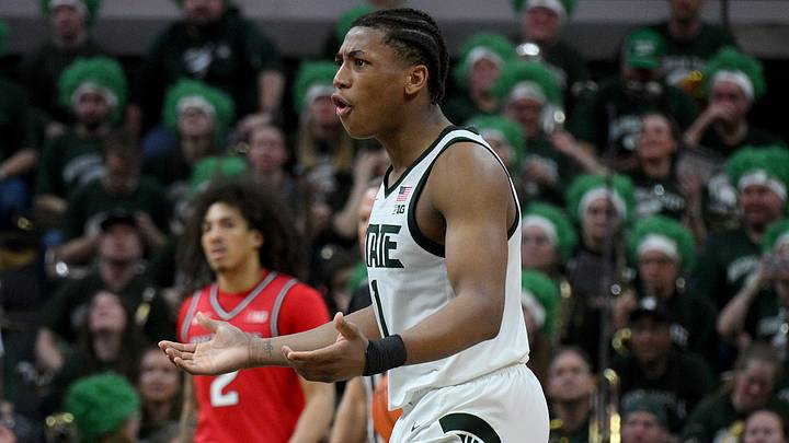 Mar 5, 2026; East Lansing, Michigan, USA;  ]Michigan State Spartans guard Jeremy Fears Jr. (1) reacts after being penalized with a technical foul during the second half against the Rutgers Scarlet Knights at Jack Breslin Student Events Center. Mandatory Credit: Dale Young-Imagn Images