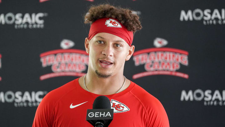 Jul 29, 2022; St. Joseph, MO, USA; Kansas City Chiefs quarterback Patrick Mahomes (15) speaks to media after training camp at Missouri Western State University. Mandatory Credit: Denny Medley-USA TODAY Sports