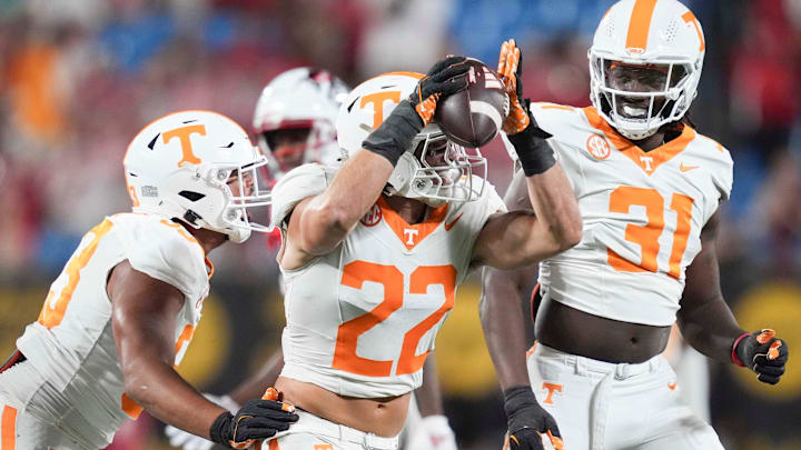 Tennessee linebacker Jeremiah Telander (22) celebrates a fumble recovery at the NCAA College football game between Tennessee and NC State on Saturday, Sept. 7, 2024 in Charlotte, NC.