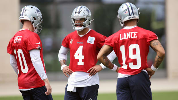 Dallas Cowboys quarterbacks Dak Prescott, Cooper Rush, Trey Lance