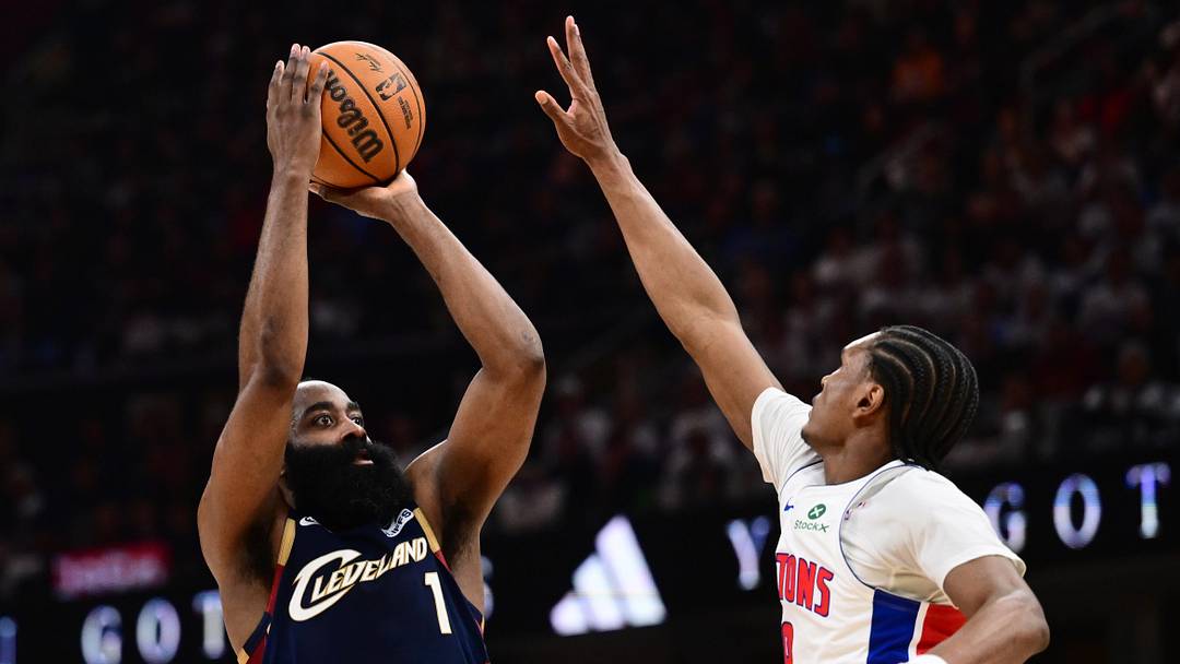 May 11, 2026; Cleveland, Ohio, USA; Cleveland Cavaliers guard James Harden (1) shoots over the defense of  Detroit Pistons guard Ausar Thompson (9) during the second half of game four in the second round of the 2026 NBA Playoffs at Rocket Arena. Mandatory Credit: Ken Blaze-Imagn Images