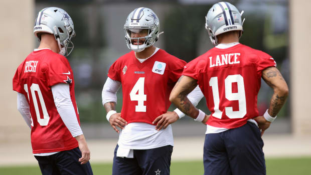 Dallas Cowboys quarterback Cooper Rush (10) and quarterback Dak Prescott (4) and quarterback Trey Lance (19