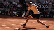 Alexander Zverev of Germany returns a shot during the men’s final match against Carlos Alcaraz of Spain on day 15 of Roland Garros at Stade Roland Garros.