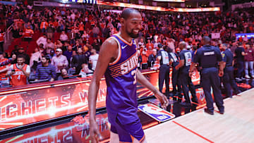 Feb 12, 2025; Houston, Texas, USA; Phoenix Suns forward Kevin Durant (35) after playing against the Houston Rockets at Toyota Center. Mandatory Credit: Thomas Shea-Imagn Images