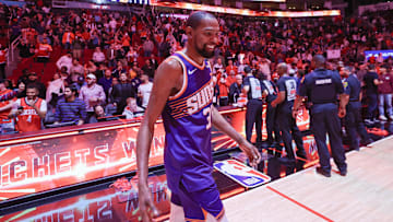 Feb 12, 2025; Houston, Texas, USA; Phoenix Suns forward Kevin Durant (35) after playing against the Houston Rockets at Toyota Center. Mandatory Credit: Thomas Shea-Imagn Images
