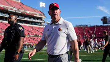 Louisville head football coach Jeff Brohm walks off the field after the Cards' 51-17 win over Eastern Kentucky University at the Cardinals' season opener Saturday, August 30, 2025 at L&N Federal Credit Union Stadium in Louisville, Kentucky.