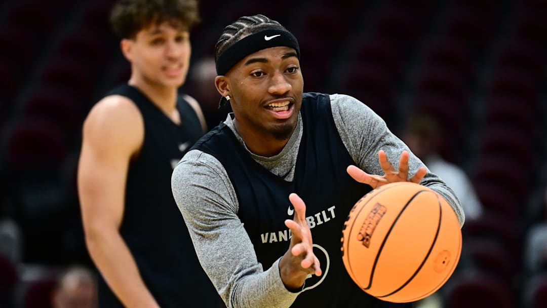 Mar 20, 2025; Cleveland, OH, USA; Vanderbilt Commodores guard MJ Collins Jr. (2) catches a pass during practice at Rocket Arena. Mandatory Credit: Ken Blaze-Imagn Images
