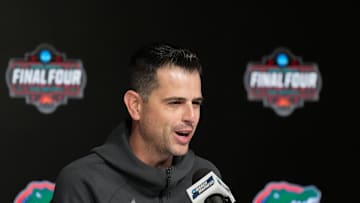 Apr 6, 2025; San Antonio, TX, USA; Florida Gators head coach Todd Golden speaks to the media during a press conference for the men's 2025 NCAA tournament at Alamodome. Mandatory Credit: Bob Donnan-Imagn Images