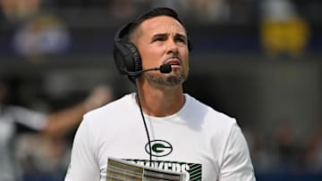 Oct 6, 2024; Inglewood, California, USA; Green Bay Packers head coach Matt LaFleur on the sidelines during the second quarter against the Los Angeles Rams at SoFi Stadium. Mandatory Credit: Robert Hanashiro-Imagn Images