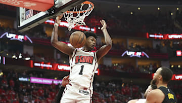 May 4, 2025; Houston, Texas, USA; Houston Rockets forward Amen Thompson (1) dunks the ball during game seven of the first round for the 2025 NBA Playoffs against the Golden State Warriors at Toyota Center. Mandatory Credit: Troy Taormina-Imagn Images
