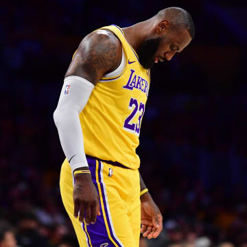 Apr 25, 2024; Los Angeles, California, USA; Los Angeles Lakers forward LeBron James (23) reacts during the first half in game three of the first round for the 2024 NBA playoffs at Crypto.com Arena. Mandatory Credit: Gary A. Vasquez-USA TODAY Sports