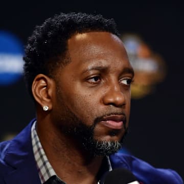 Apr 1, 2017; Glendale, AZ, USA; NBA former play Tracy McGrady is interviewed during the Naismith Hall of Game Press Conference at University of Phoenix Stadium. Mandatory Credit: Joe Camporeale-Imagn Images