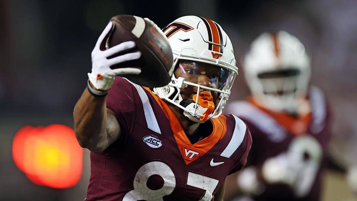 Sep 30, 2023; Blacksburg, Virginia, USA; Virginia Tech Hokies wide receiver Jaylin Lane (83) scores a touchdown during the third quarter against the Pittsburgh Panthers at Lane Stadium. Mandatory Credit: Peter Casey-USA TODAY Sports