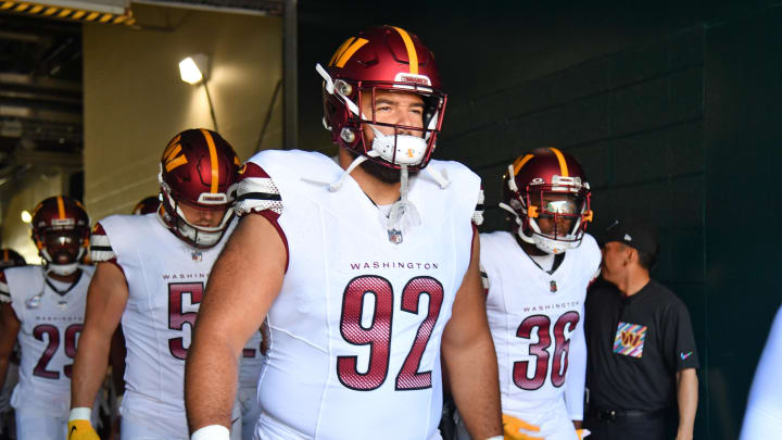 Oct 1, 2023; Philadelphia, Pennsylvania, USA; Washington Commanders defensive tackle Abdullah Anderson (92) leads his team in the tunnel against the Philadelphia Eagles at Lincoln Financial Field. Mandatory Credit: Eric Hartline-USA TODAY Sports