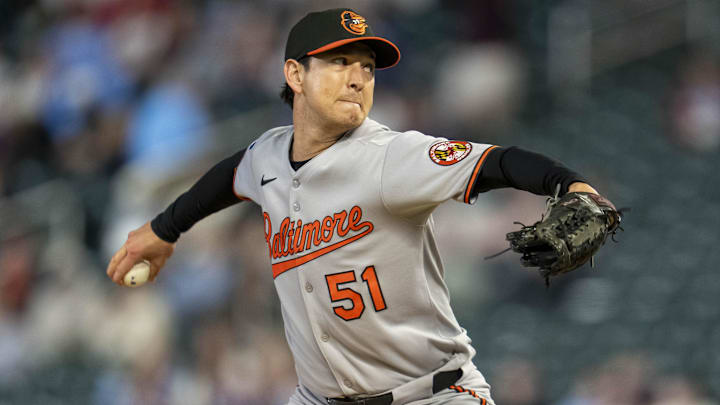 May 7, 2025; Minneapolis, Minnesota, USA; Baltimore Orioles relief pitcher Matt Bowman (51) delivers a pitch against the Minnesota Twins in the eighth inning at Target Field.
