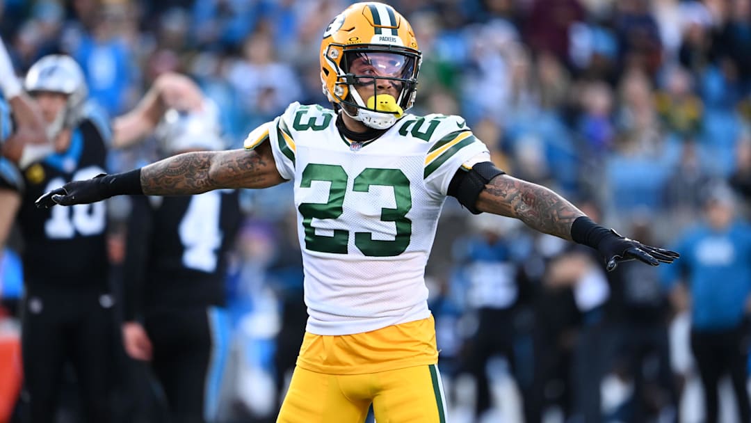 Green Bay Packers cornerback Jaire Alexander (23) reacts in the fourth quarter at Bank of America Stadium.
