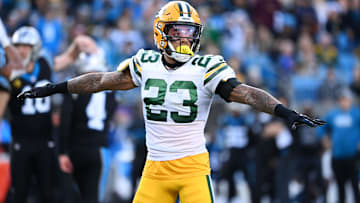Green Bay Packers cornerback Jaire Alexander (23) reacts in the fourth quarter at Bank of America Stadium.